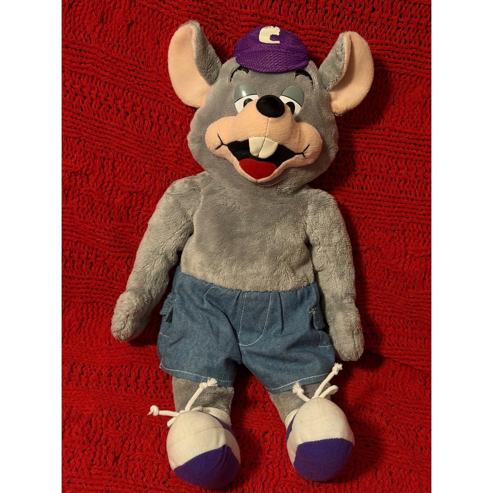 Chuck E. Cheese Plush Mascot Doll Grey Mouse Purple Hat Denim Shorts 17"